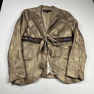 Nicole Miller Collection Linen Tie Front Blazer Metallic Gold Jacket Size 10